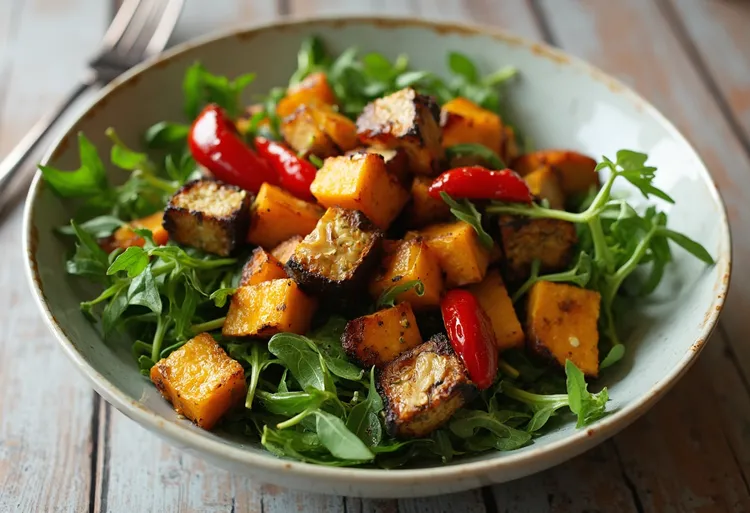 Roasted vegetable salad with rocket and hummus