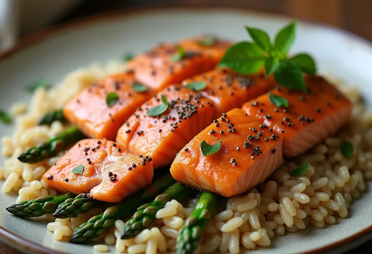 Salmon and asparagus brown rice pilaf