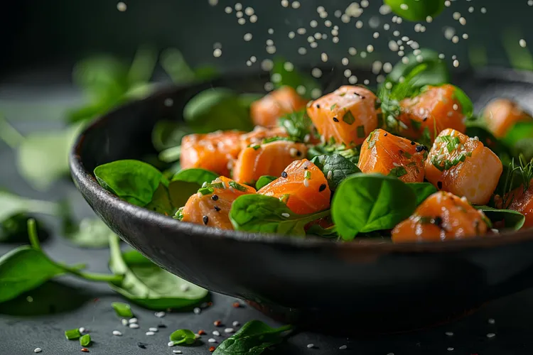 Salmon, spinach, avocado & asparagus salad