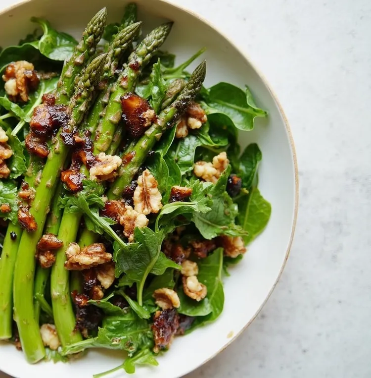 Sauteed asparagus with caramelised balsamic walnuts