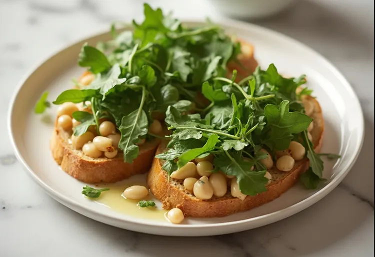 White bean toast with arugula and olive oil