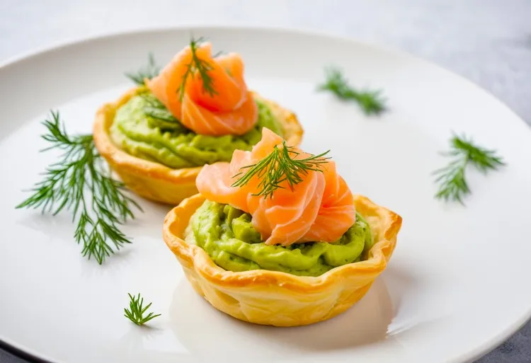 Smoked salmon, avocado and herb tarts
