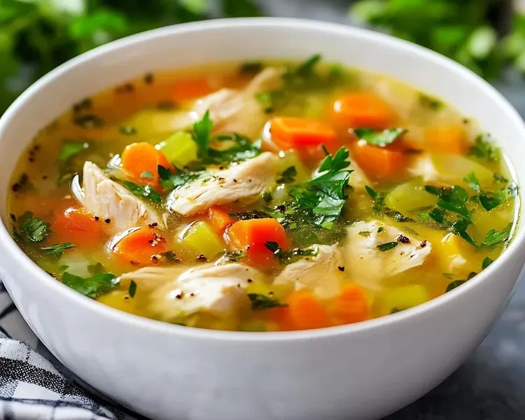 Chicken soup with avocado, carrot and potato