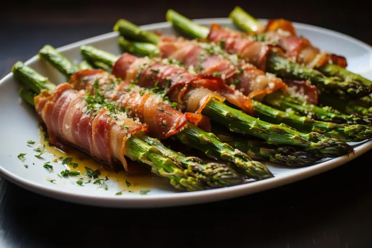 Sweet and savory bacon-wrapped asparagus bundles