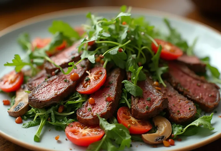 Tomato and arugula salad with grilled steak and mushrooms