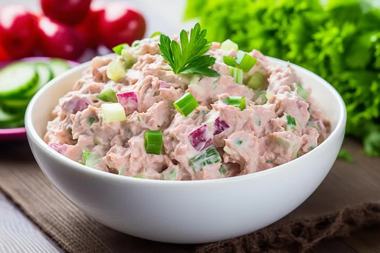 Tuna avocado salad with pickles and onions