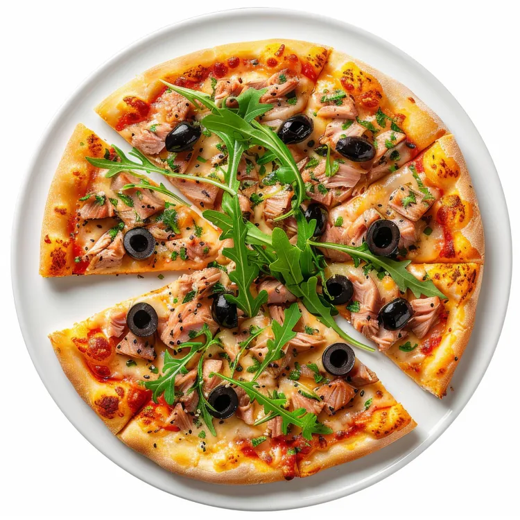 Tuna skinny pizza with arugula and olives