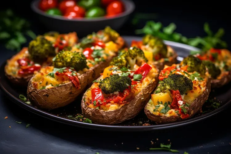 Twice-baked veggie potatoes with broccoli, red pepper and onion