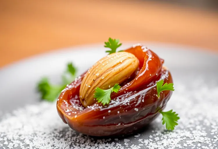 Vegan almond-stuffed yeast-infused dates