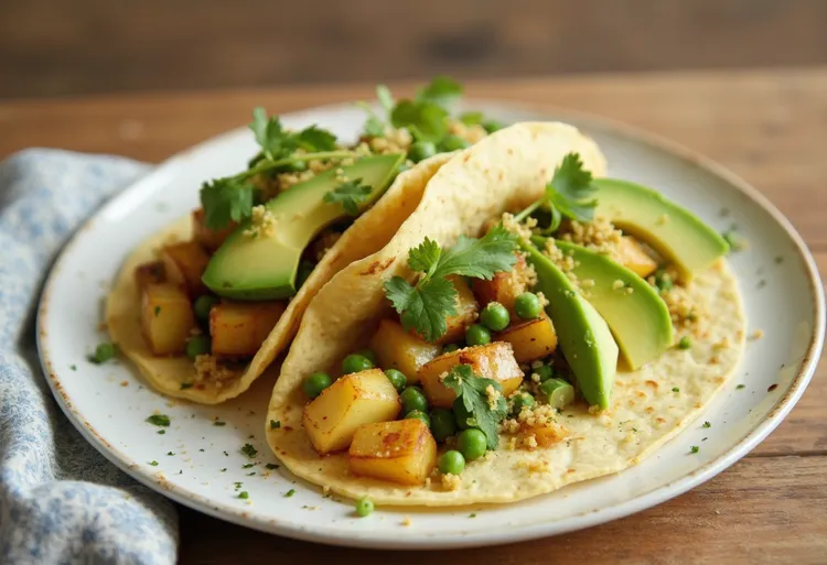 Vegan potato tacos with avocado, peas and cucumber