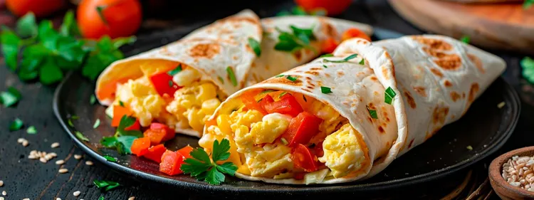Burrito with rice, peppers, avocado, eggs and salsa sauce