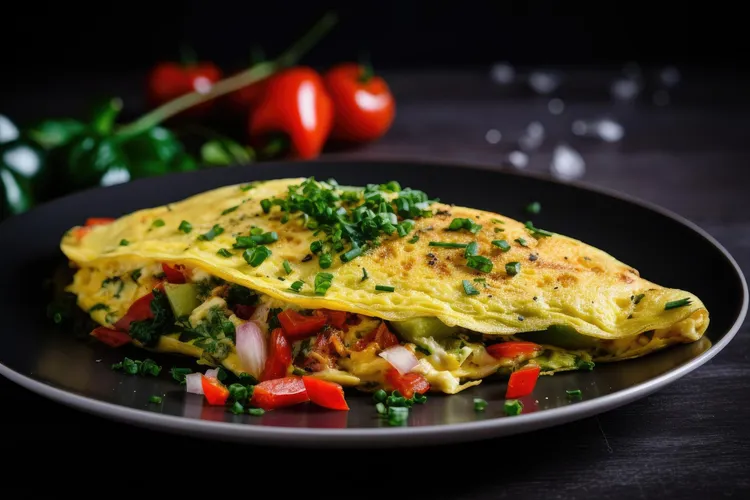 Omelet with spinach, onion, red pepper, mushrooms