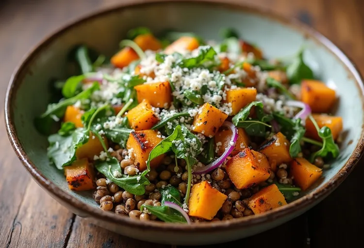 Warm pumpkin and brown lentil salad