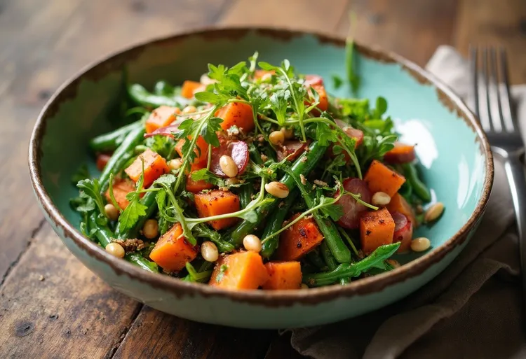 Warm sweet potato, bean salad with crispy prosciutto