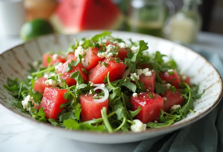 Watermelon arugula salad with feta and onion