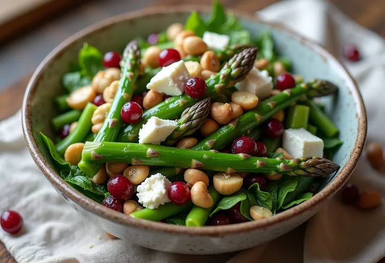 Asparagus, feta and roasted hazelnuts