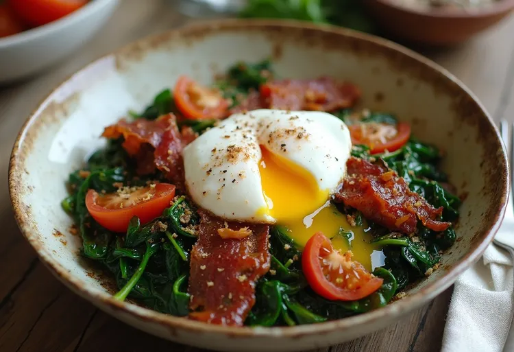 Bacon and tomatoes with poached eggs