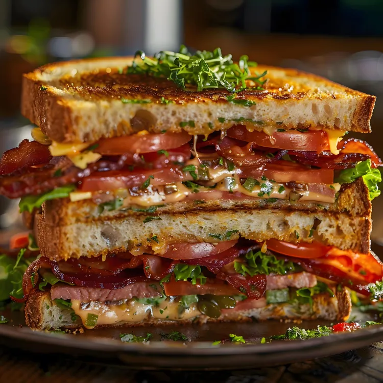 Bacon, egg and tomato club sandwiches with chives and parsley