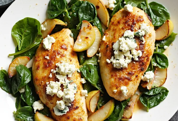 Baked chicken with spinach, pears and blue cheese