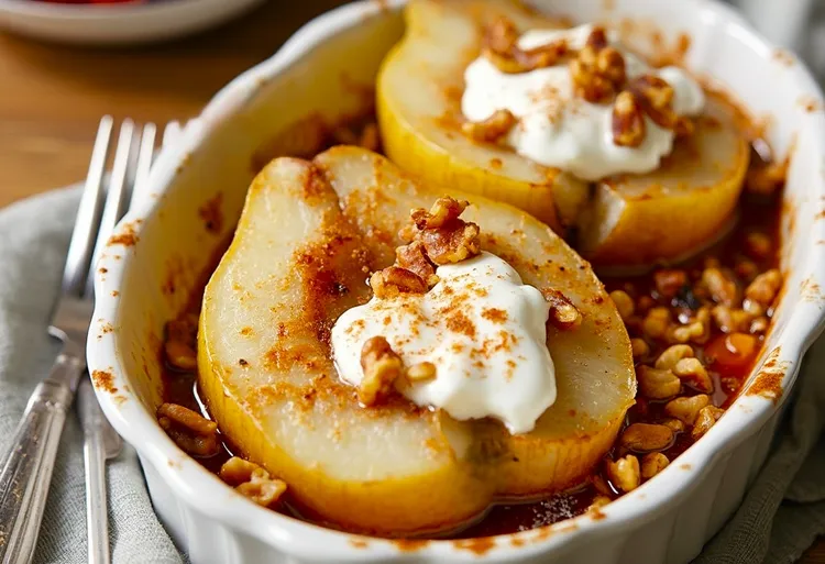 Baked cinnamon pears with walnuts and honey yogurt