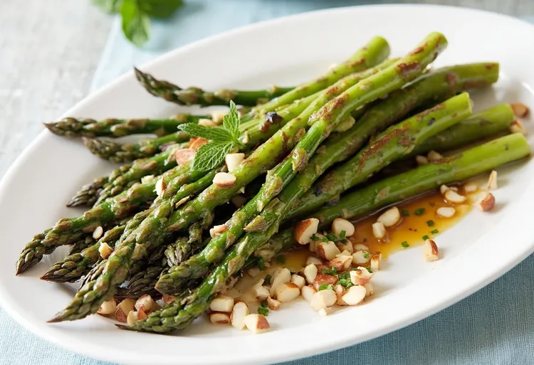 Barbecued asparagus with hazelnuts and mint