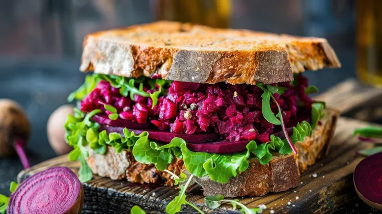 Beet hummus rye sandwich with pickles and lettuce