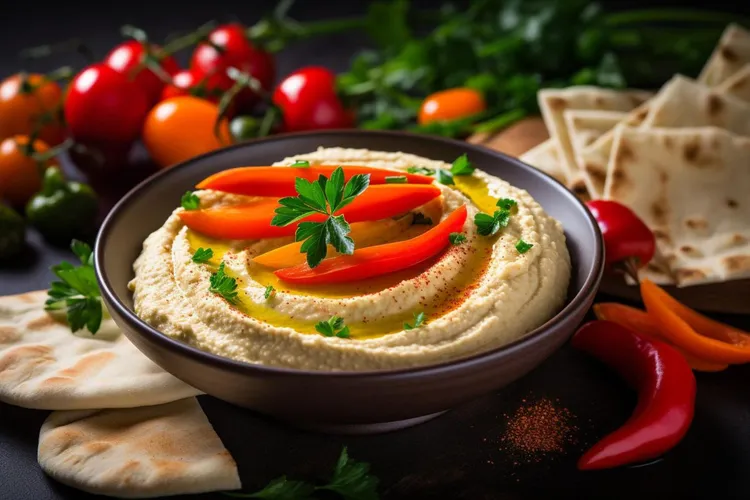 Bell pepper and hummus snack