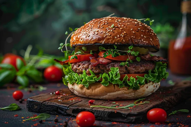Bacon ranch burger with lettuce and tomato