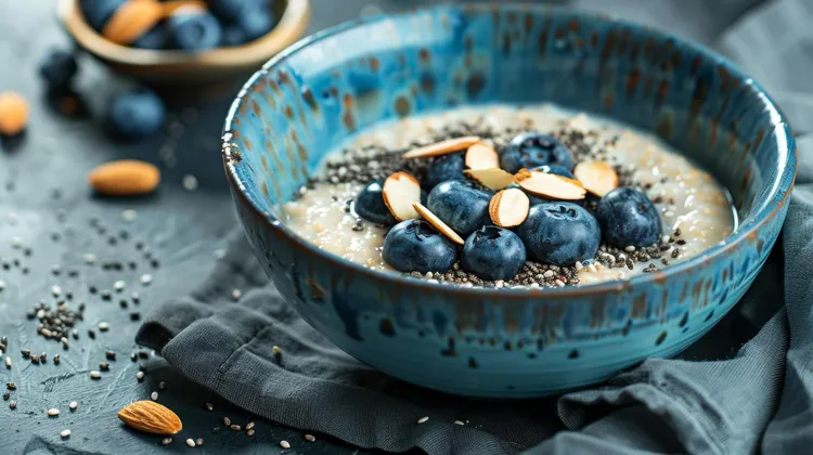 Blueberry chia overnight oats with almond and nonfat milk