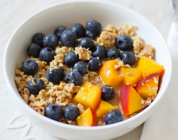 Blueberry peach oatmeal bowl with almond butter and flaxseed