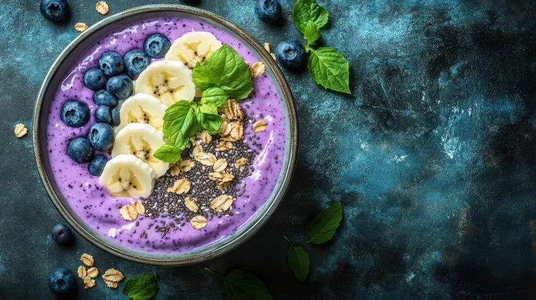 Blueberry kale protein smoothie bowl