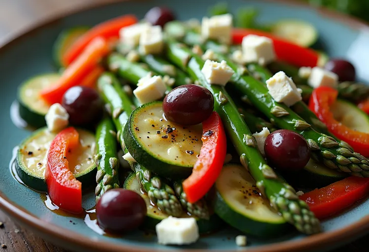 Braised asparagus and zucchini with fetta