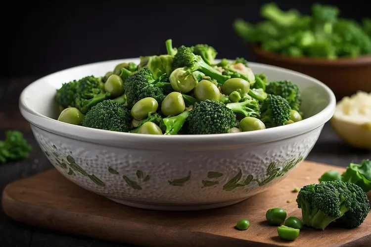 Peanut broccoli salad with edamame and onions