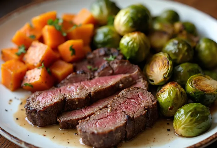 Broiled steak with brussels sprouts and sweet potatoes