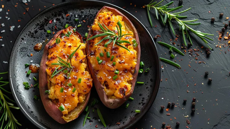 Caramelised onion and blue cheese sweet potatoes