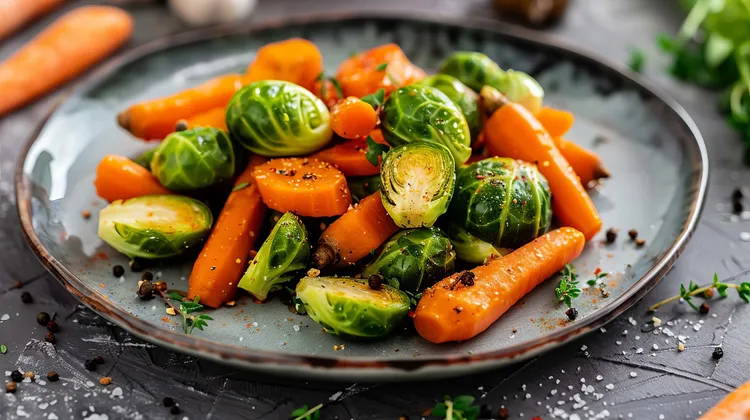 Roasted carrots and brussels sprouts with onion and butter