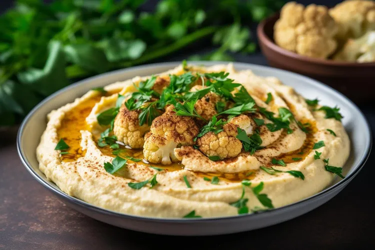 Cauliflower bites with hummus dip