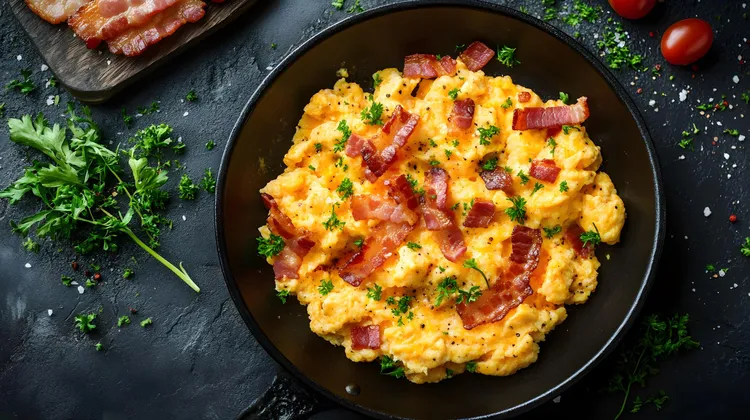 Cheddar cheese, bacon and egg breakfast scramble