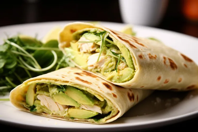 Chicken and avocado burrito with mozzarella and coriander