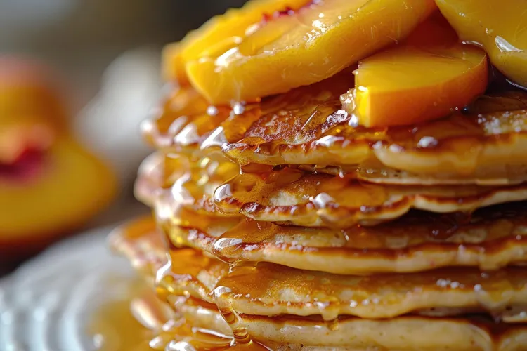 Cinnamon-peach cottage cheese pancakes with butter and sugar