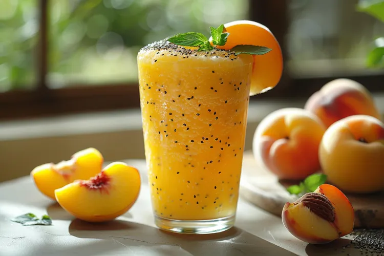Coconut peach smoothie with chia seeds and lemon juice