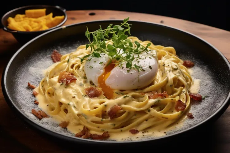 Creamy bacon spaghetti with poached eggs