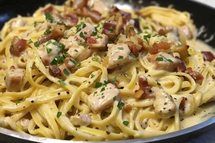 Chicken carbonara with bacon, pine nuts and parmesan cheese