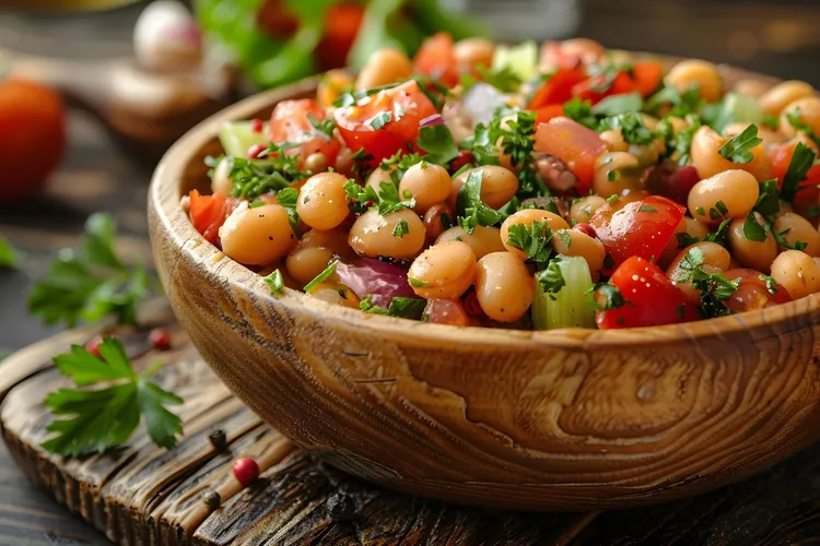 Chickpea salad with red pepper, tomato, celery and pickles