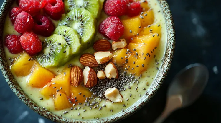Chia breakfast bowl with pineapple, kiwi and raspberries
