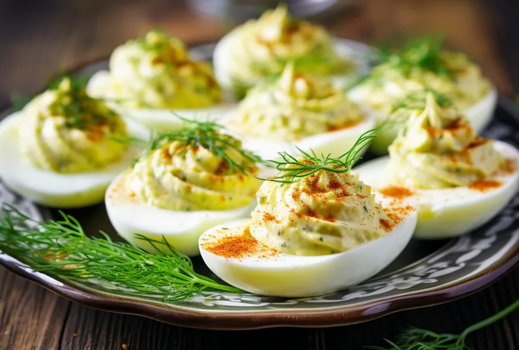 Ranch deviled eggs with pickles and onion