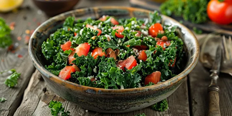 Kale salad with cherry tomatoes, pickles and red pepper