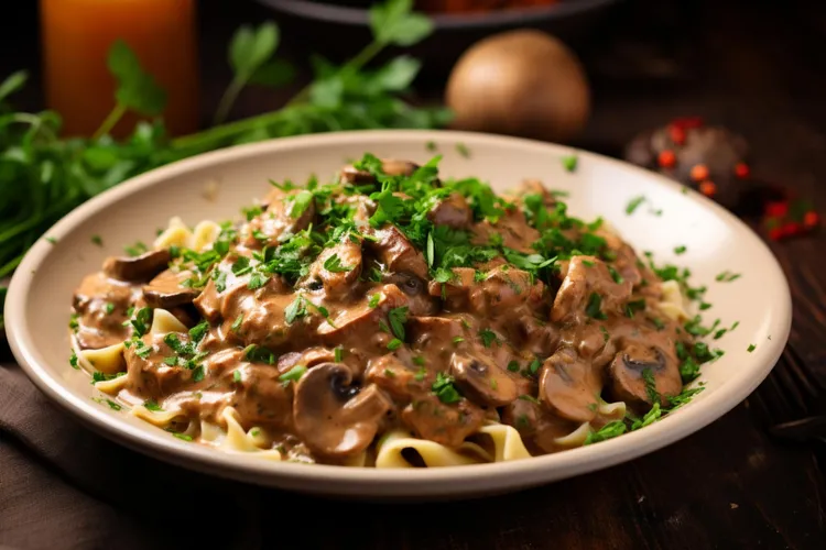 Portobello mushroom stroganoff with egg noodles