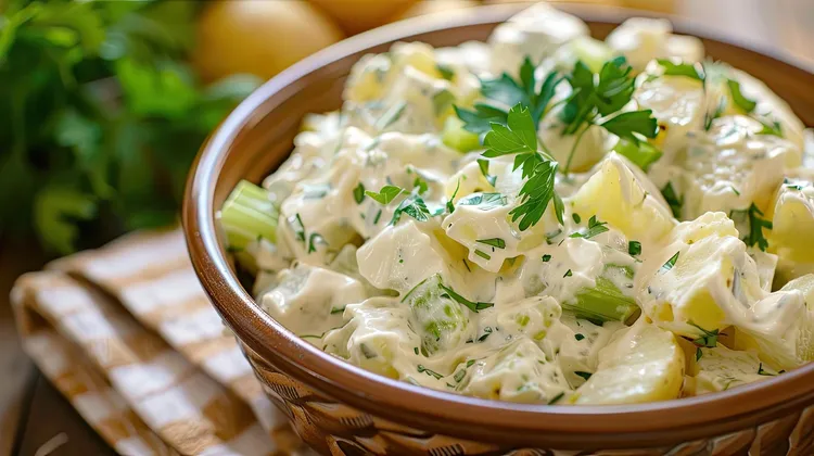 Red potato salad with mustard, dill and pickles