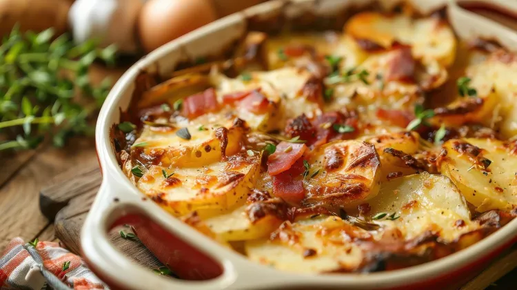 Potato and bacon casserole with rosemary and black pepper